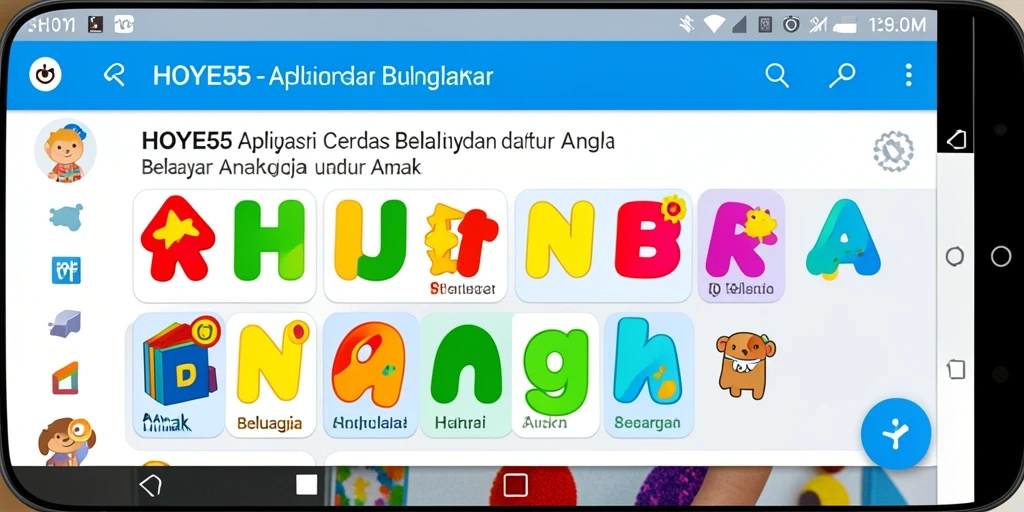 Tampilan antarmuka menarik dari aplikasi HOYE55 untuk belajar huruf dan angka.