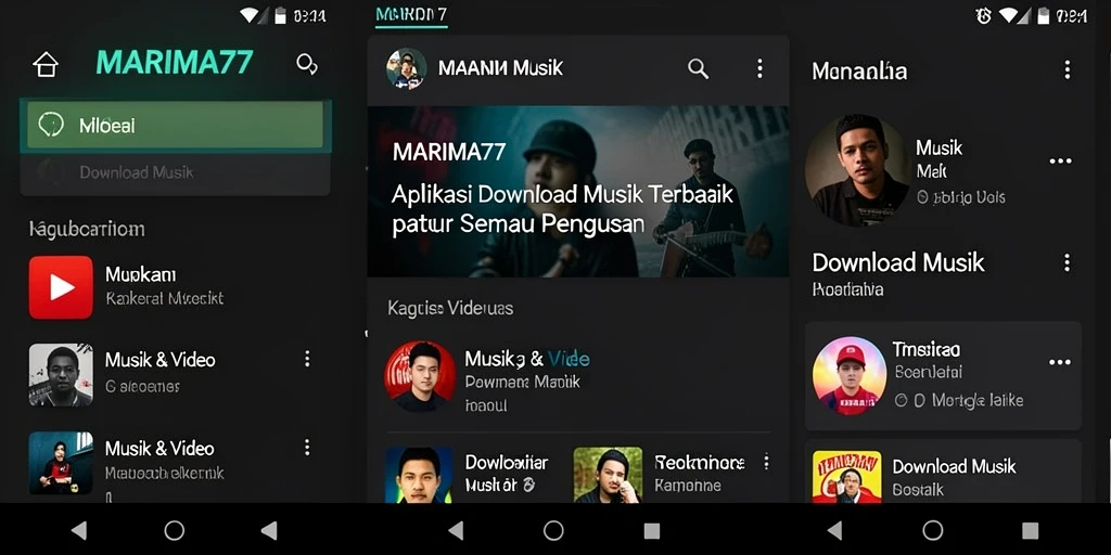 Tampilan antarmuka aplikasi MARIMA77 untuk Download Musik yang user-friendly.